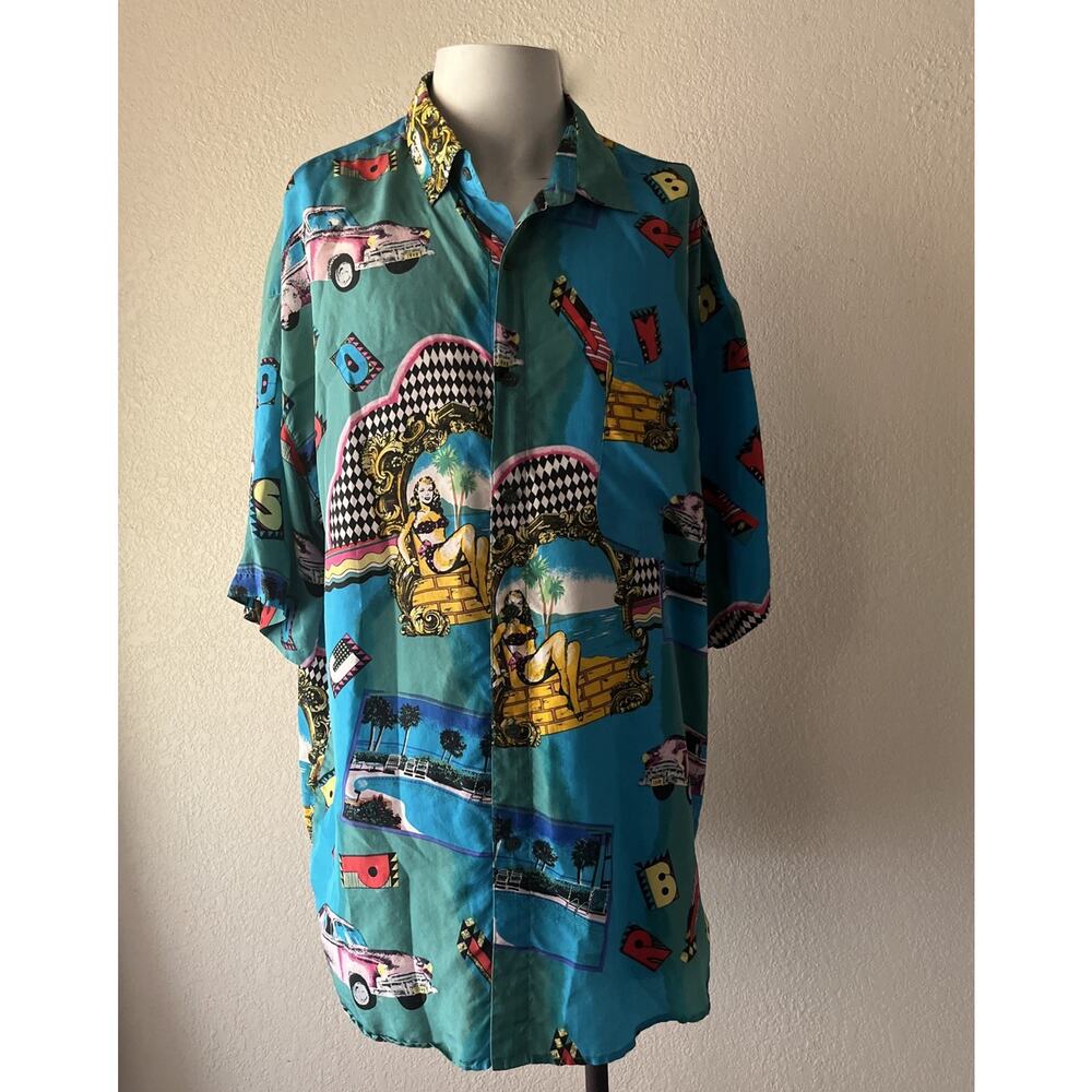 Silk Club Vintage 90s 100% Silk Shirt – Miami Cars Pin-Up Graphic – Size XL